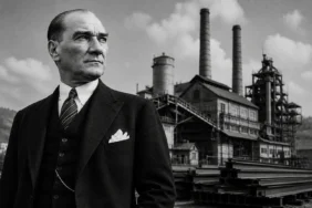 Mustafa Kemal Atatürk ve Cumhuriyet dönemi sanayi yatırımlarını simgeleyen fabrika görseli