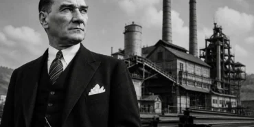 Mustafa Kemal Atatürk ve Cumhuriyet dönemi sanayi yatırımlarını simgeleyen fabrika görseli