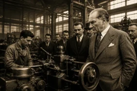Mustafa Kemal Atatürk ve Cumhuriyet dönemi sanayileşmesini simgeleyen fabrika ve üretim görseli