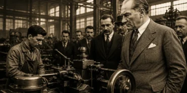 Mustafa Kemal Atatürk ve Cumhuriyet dönemi sanayileşmesini simgeleyen fabrika ve üretim görseli