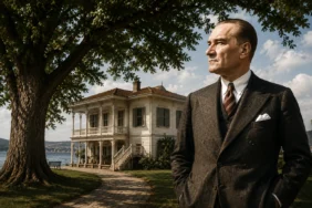 Mustafa Kemal Atatürk’ün doğa sevgisini simgeleyen ağaç ve tarihi köşk temalı görsel