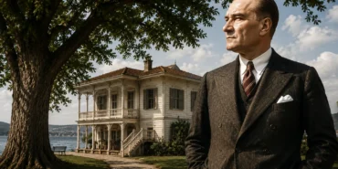 Mustafa Kemal Atatürk’ün doğa sevgisini simgeleyen ağaç ve tarihi köşk temalı görsel