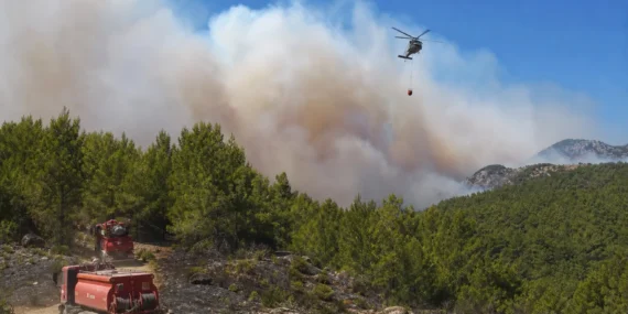 Antalya Aksu yangını bölgesinde yükselen duman ve müdahale araçları