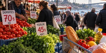 Enflasyon ve hayat pahalılığı analizinde pazarda alışveriş yapan vatandaşlar ve yüksek gıda fiyatları