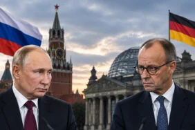 Rusya-Almanya gerilimi kapsamında Vladimir Putin ve Friedrich Merz'i temsil eden haber görseli