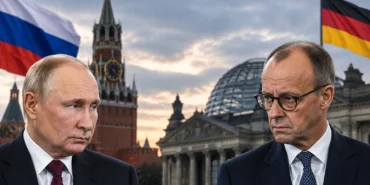 Rusya-Almanya gerilimi kapsamında Vladimir Putin ve Friedrich Merz'i temsil eden haber görseli