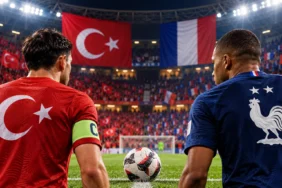 Türkiye Fransa maçı öncesi A Milli Futbol Takımı ile Fransa Milli Takımı'nı simgeleyen futbolcular ve Türk-Fransız bayrakları
