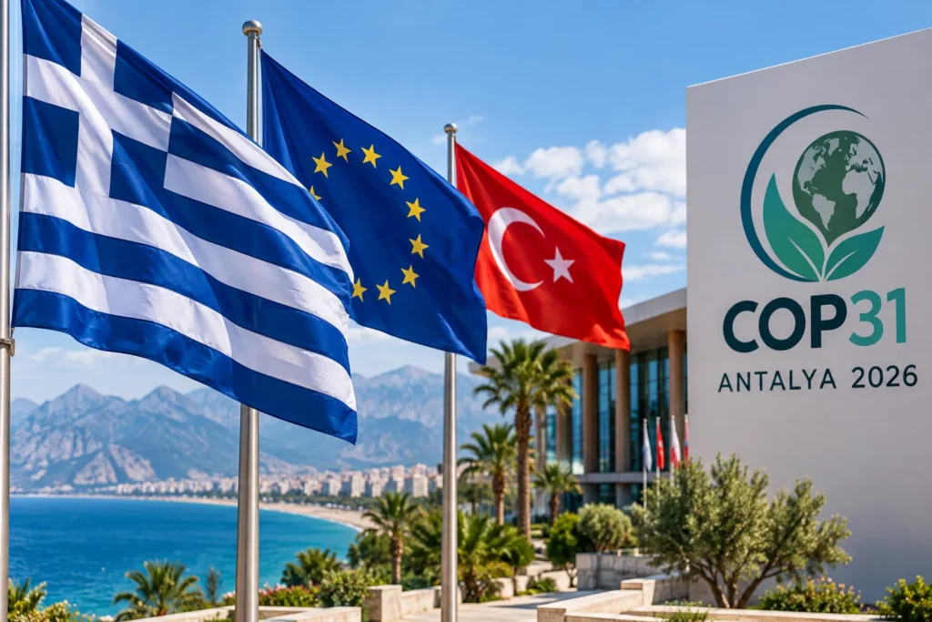 COP31 öncesi Yunanistan'ın AB'ye Türkiye çağrısını simgeleyen Yunanistan, Avrupa Birliği ve Türkiye bayrakları Antalya'da
