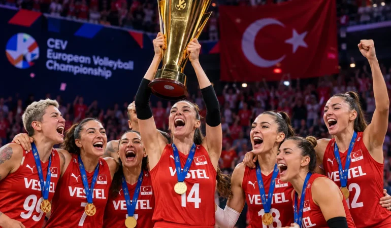 Filenin Sultanları Avrupa şampiyonu olarak kupayla kutlama yapıyor