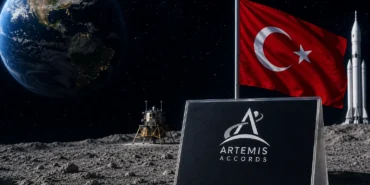 Türkiye’nin Artemis Mutabakatı’na katılımını simgeleyen Türk bayrağı, Artemis logosu ve Ay görseli