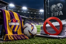 Eyüpspor'a FIFA tarafından verilen üç dönem transfer yasağını simgeleyen stat, kulüp arması, FIFA ve transfer yasağı işareti