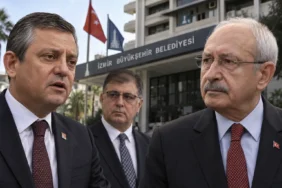 Özgür Özel ve Kemal Kılıçdaroğlu, arka planda Cemil Tugay ve İzmir Büyükşehir Belediyesi