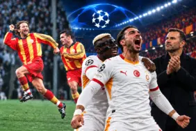 1999 Hertha Berlin maçındaki Tugay Kerimoğlu ve Okan Buruk ile 2026 Lille galibiyetini karşılaştıran görsel