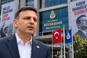 Özgür Çelik İBB iddialarına yanıt verirken İstanbul Büyükşehir Belediyesi binası ve Ekrem İmamoğlu pankartları