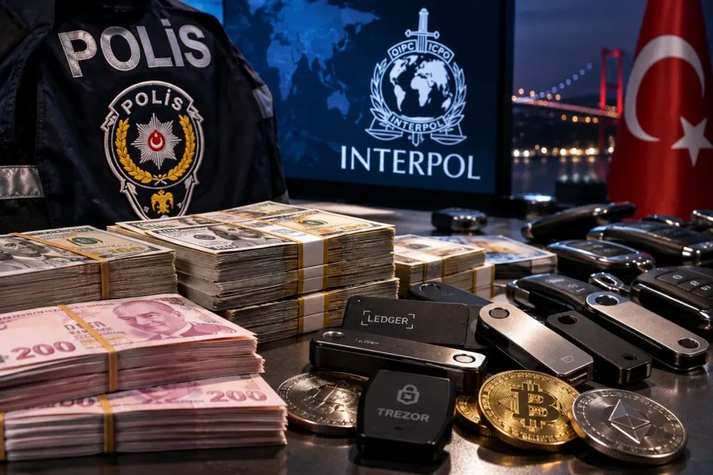 İstanbul'da kripto para soruşturması kapsamında polis ve Interpol operasyonunu simgeleyen para, soğuk cüzdanlar ve belgeler