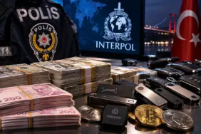 İstanbul'da kripto para soruşturması kapsamında polis ve Interpol operasyonunu simgeleyen para, soğuk cüzdanlar ve belgeler