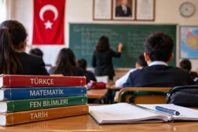 Sınıfta öğrenciler, öğretmen ve ders kitapları; zorunlu eğitim süresi tartışması