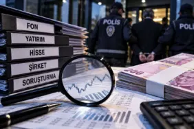 Fon soruşturmasında yeni gözaltılar haberine ilişkin dosyalar, borsa grafikleri ve temsili polis görseli