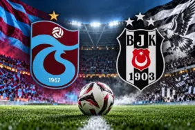 Trabzonspor Beşiktaş derbisi maç önü – Trabzonspor ve Beşiktaş armaları, stadyum ve futbol topu