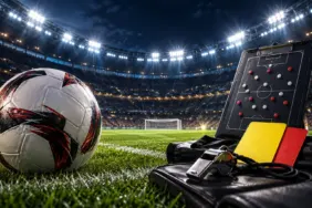 Süper Lig 8. hafta maç programı ve hakemler için futbol topu, hakem düdüğü ve kartlar