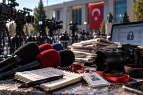Basın özgürlüğü raporu için basın ekipmanları, mikrofonlar ve gazeteler